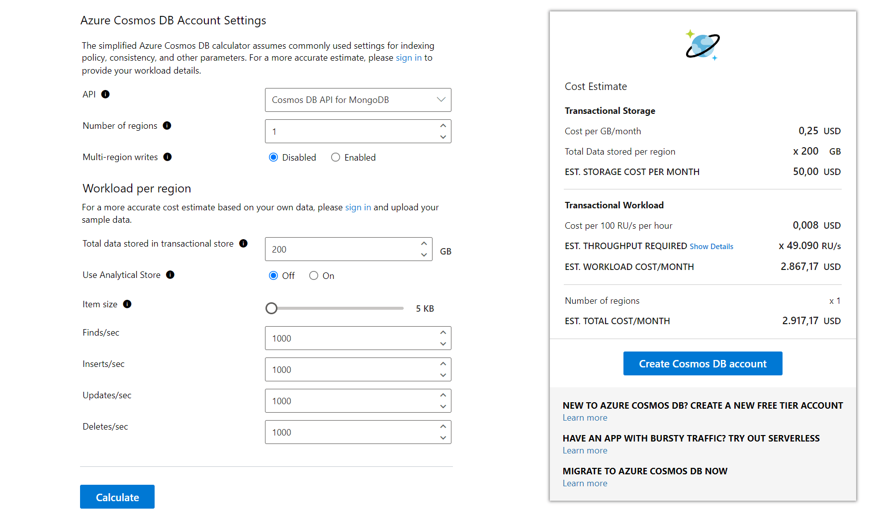 CosmosDB Capacity Calculator