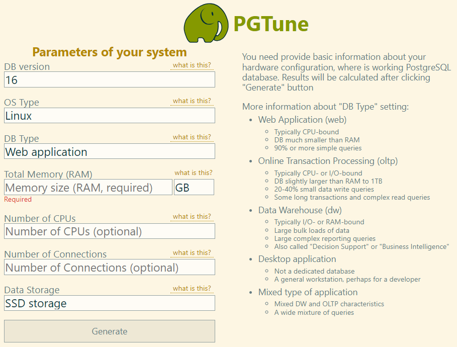 PGTune Configuration Tuning Tool