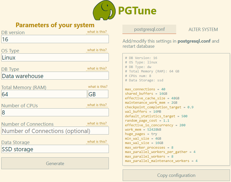 PGTune OLAP Tuning Suggestion